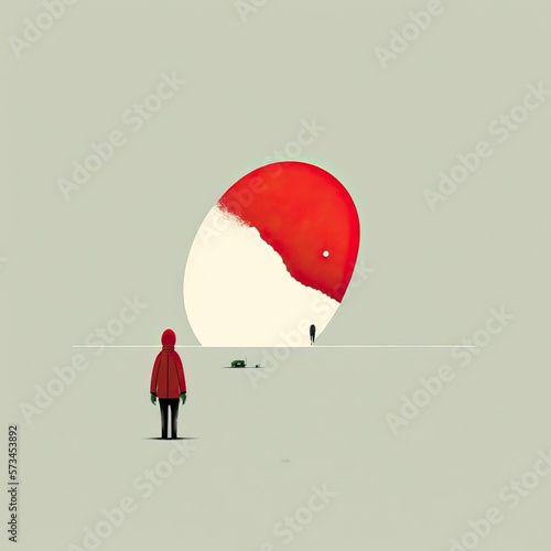 a kif standing in winter with a strange red and white gate, minimalist japanese illustration made by ai photo
