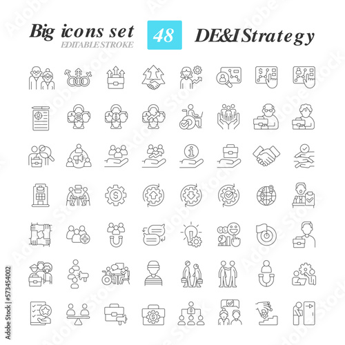 DEI strategy in workplace linear icons set. Encourage underrated groups to join company. Inclusive program. Customizable thin line symbols. Isolated vector outline illustrations. Editable stroke