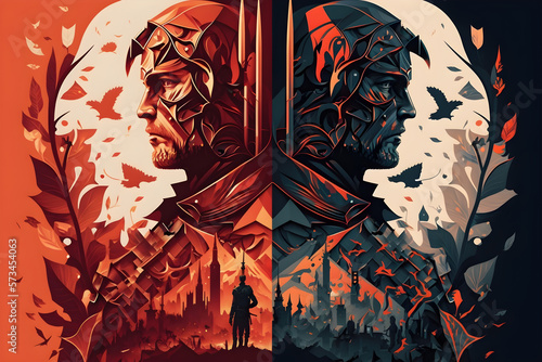 Dystopian war, two warriors back to back, red and black - Generative AI
