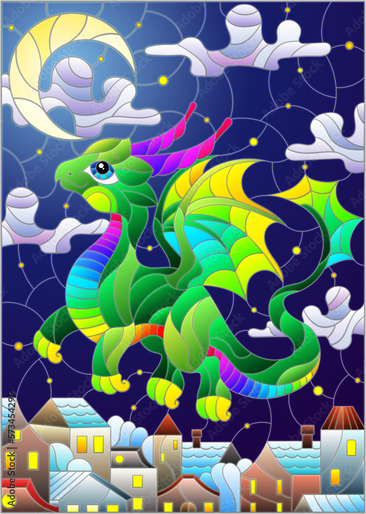 An illustration in the style of a stained glass window with a bright cute dragon on the background of the sky and the city