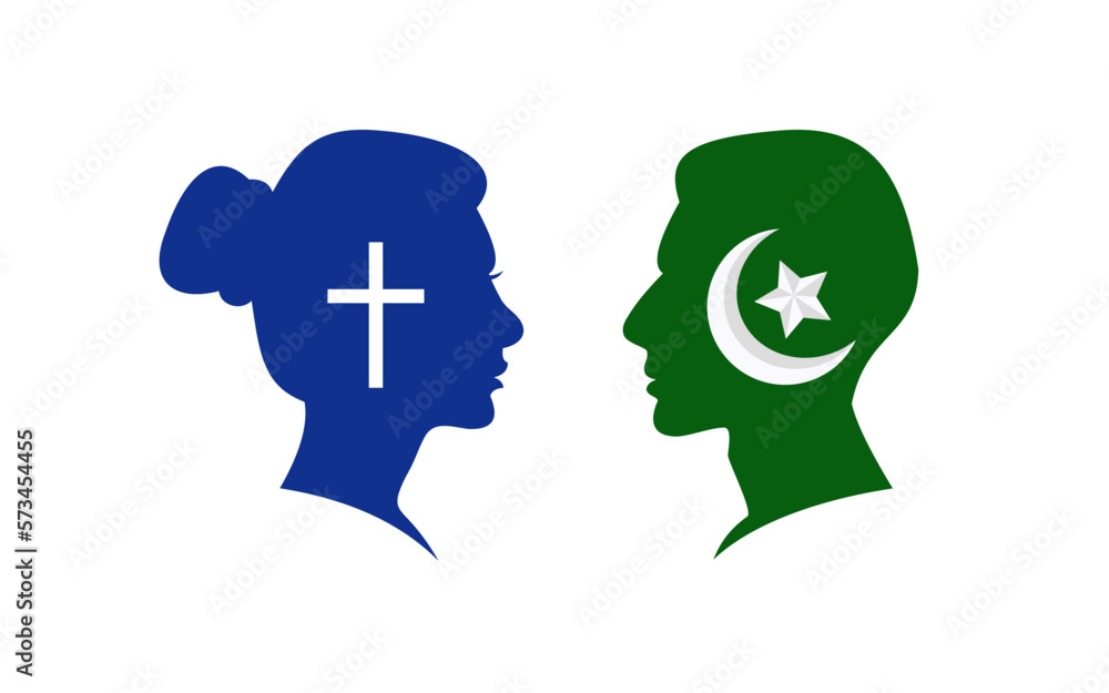 Islam vs Christianity. Vector illustration of a woman and a man on a white background.