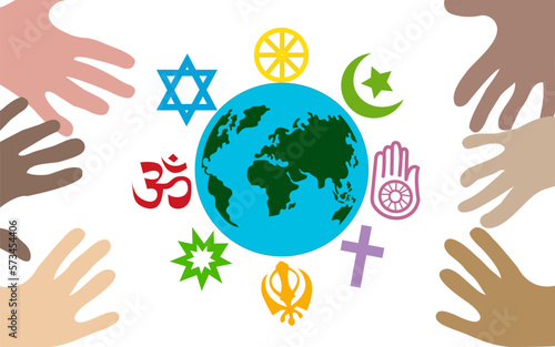 Hands around the globe and the symbols of the religion. Vector illustration.