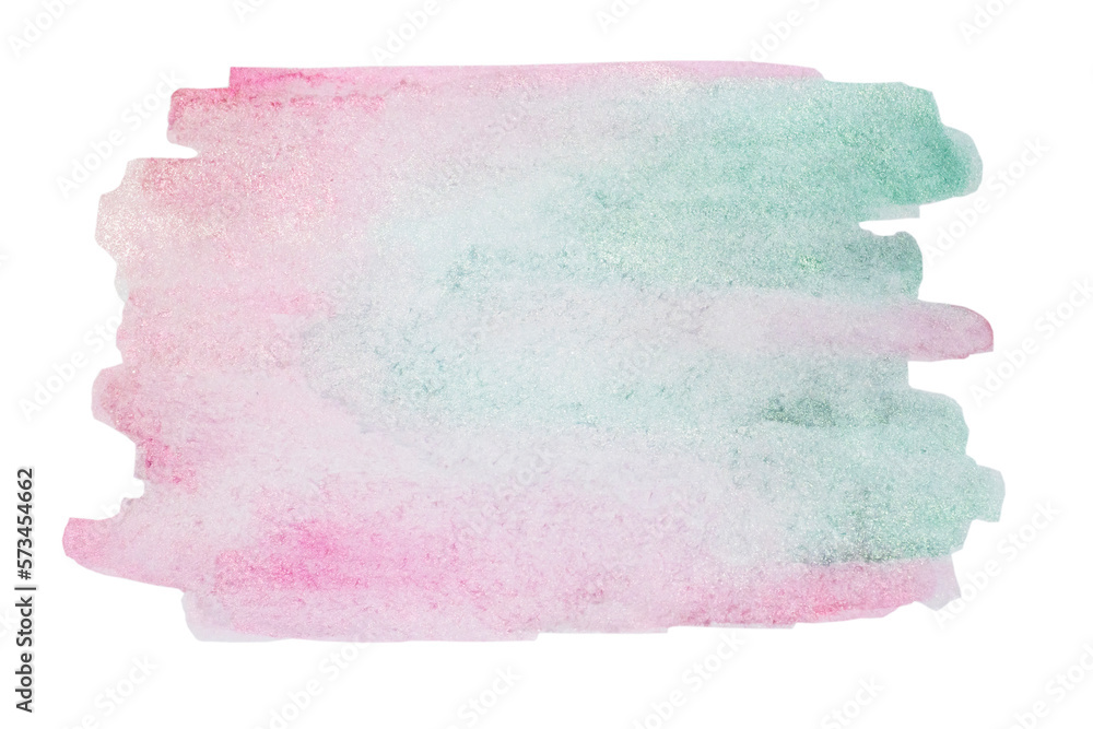 Abstract pink watercolor stain with green on textured paper, isolated on transparent background. Floral tones