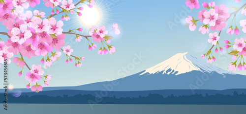 Bright morning landscape with blue sky. Branches of blooming white cherry trees on the background of Mount Fuji. Traditional Japanese Hanami Festival Cherry blossoms in early spring. Flat Illustration