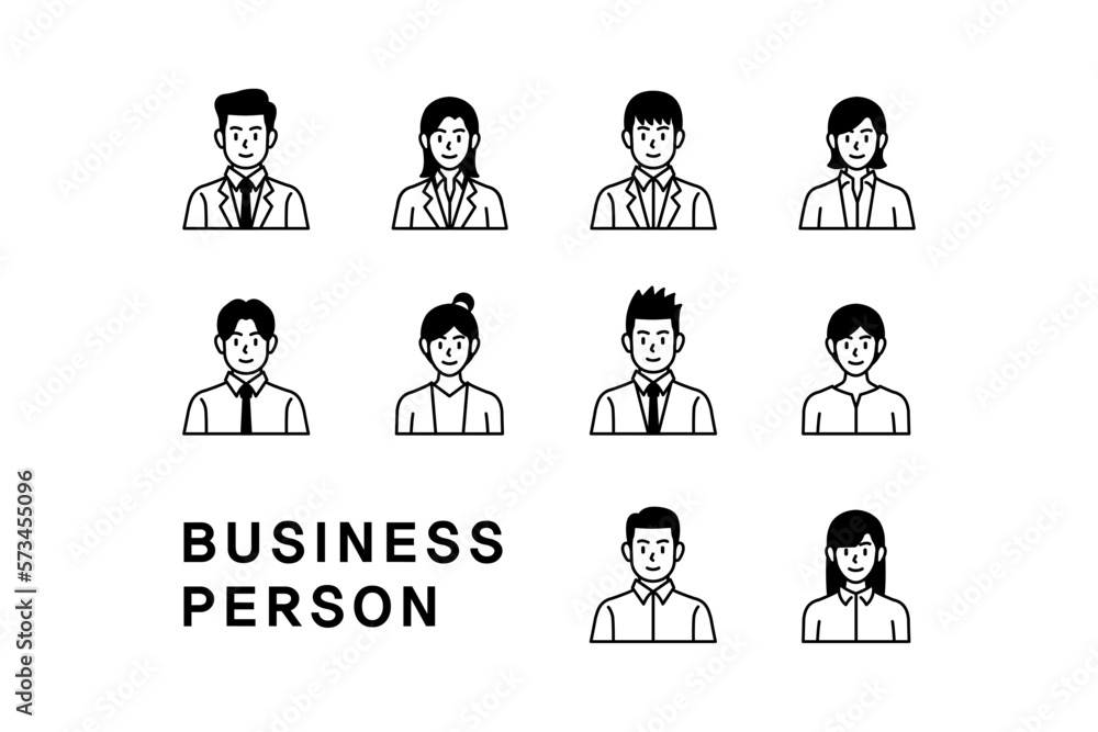 Set of cartoon illustrations, avatars and icons of characters representing businessmen and businesswomen working in corporations and companies Set of cartoon illustrations, avatars and icons of characters representing businessmen and businesswomen working in corporations and companies