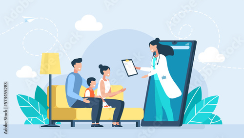 Social media template. Mobile App Family Doctor. Healthcare services. Family taking consultation with doctor therapist. Online medical doctor and man, woman and child patients. Vector illustration