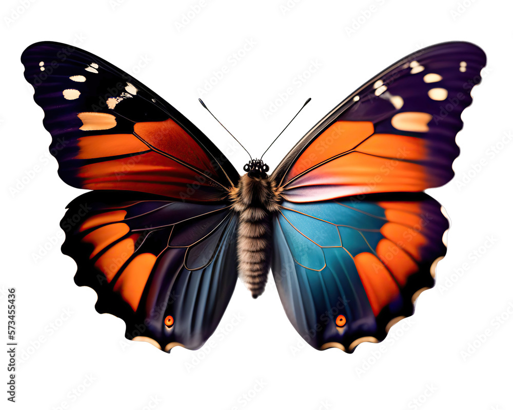 Obraz premium Very beautiful blue orange butterfly with spread wings isolated on a transparent background.