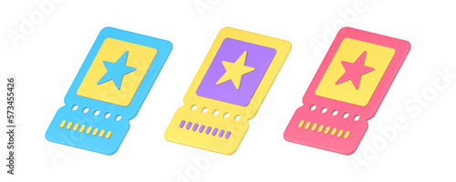 Ticket admission pass coupon cinema event concert 3d icon set realistic vector illustration