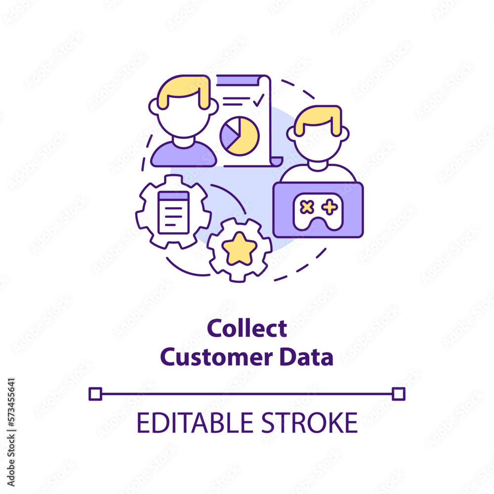 Collect customer data concept icon. Digital marketing gamification pros abstract idea thin line illustration. Isolated outline drawing. Editable stroke. Arial, Myriad Pro-Bold fonts used