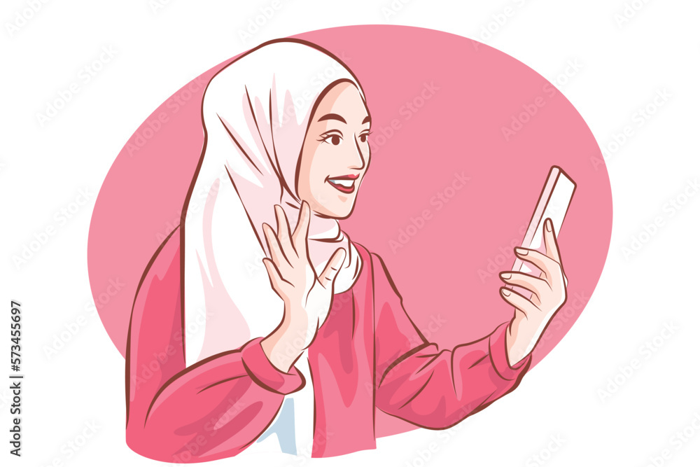 Portrait of beautiful Muslim woman smiling happily relaxing using digital smartphone. social media. Viva magenta color trend. Vector cartoon.