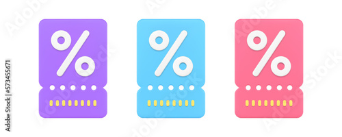 Sale shopping ticket discount percentage voucher retail special offer coupon 3d icon set vector