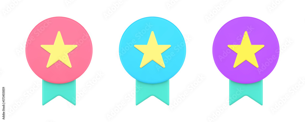 Winner medal with star ribbon award premium quality guarantee 3d icon set realistic vector Winner medal with star ribbon award premium quality guarantee 3d icon set realistic vector