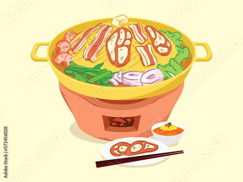 Moo Kra Ta, Thai barbecue grill pork, Food hand drawn, vector illustration.