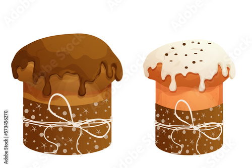 Set Panettone traditional, collection Easter cakes with glaze and decorations in cartoon style isolated on white background