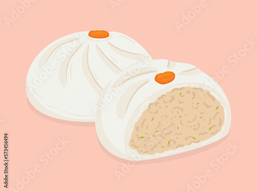 Steamed pork bun, Dim sum or Salapao, Food hand drawn, vector illustration.