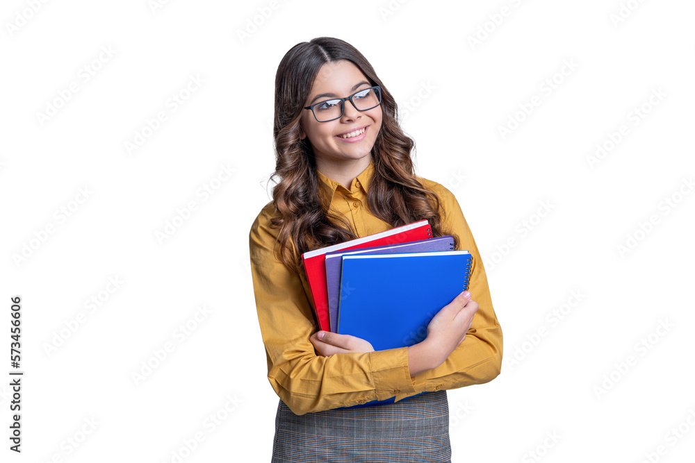 photo of school student girl with homework, september. school student girl isolated on white. photo of school student girl with homework, september. school student girl isolated on white.