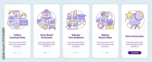 Digital marketing gamification pros onboarding mobile app screen. Walkthrough 5 steps editable graphic instructions with linear concepts. UI, UX, GUI template. Myriad Pro-Bold, Regular fonts used © bsd studio