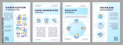Gamification in marketing blue gradient brochure template. Leaflet design with linear icons. 4 vector layouts for presentation, annual reports. Arial-Bold, Myriad Pro-Regular fonts used