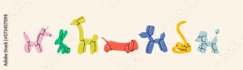 Balloon animals set in vibrant colors. Dog, unicorn, rabbit, giraffe, dachshund, poodle, swan toys. Kids birthday vector decoration concept. Twisting technique DIY tutorial. Clown stuff isolated items