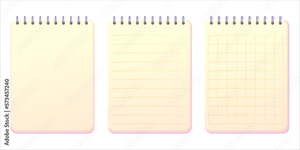 Set notebook, empty paper for notes, collection journal with spiral top view in cartoon style isolated on white background. Set notebook, empty paper for notes, collection journal with spiral top view in cartoon style isolated on white background.