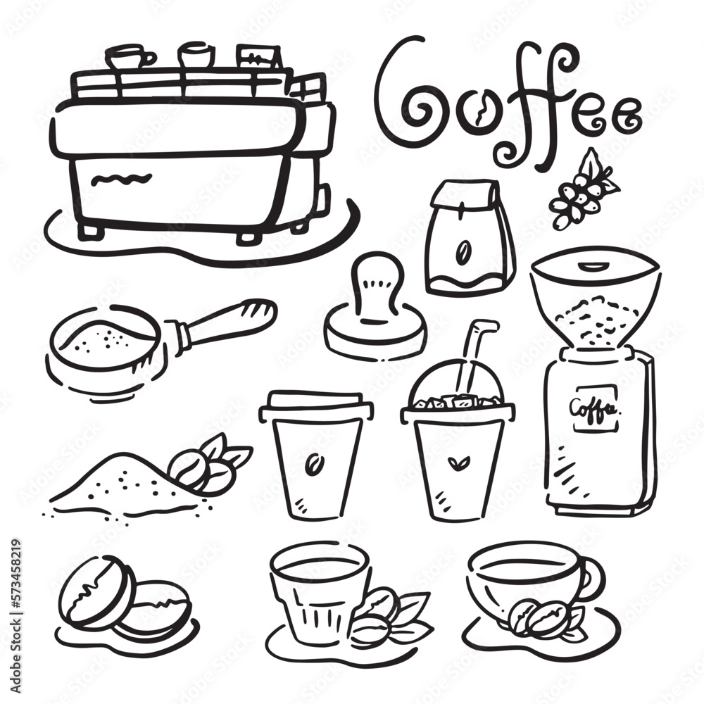 Obraz premium Set of Coffee shop icons, hand drawn, vector illustration.