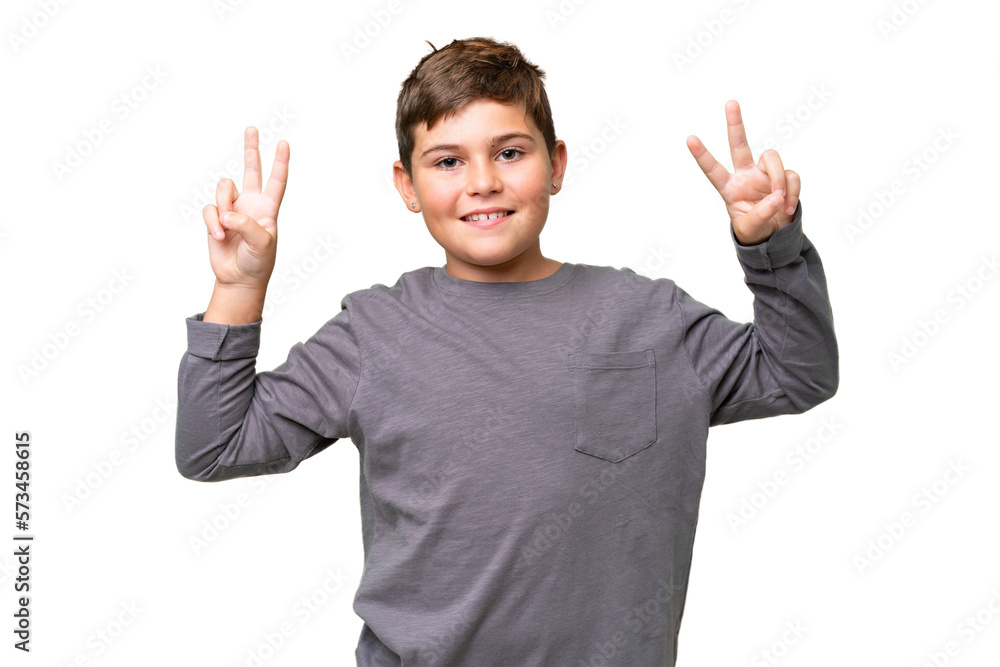 Little caucasian kid over isolated chroma key background showing victory sign with both hands Little caucasian kid over isolated chroma key background showing victory sign with both hands