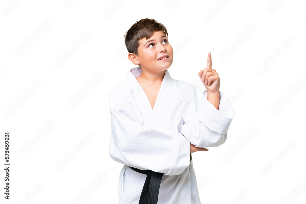 Little caucasian kid doing karate over isolated chroma key background pointing up a great idea Little caucasian kid doing karate over isolated chroma key background pointing up a great idea