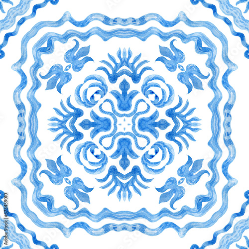 Watercolor painted tile, indigo blue hand drawn Baroque and floral ornaments isolated on a transparent background. Damask seamless pattern