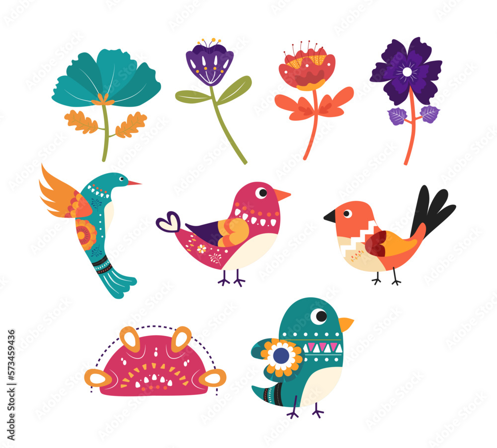 Set Collection of Cute Doodle Flowers and Birds
