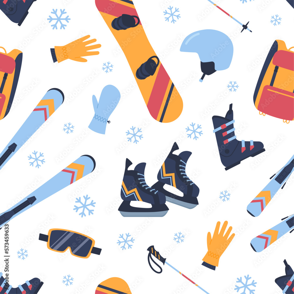 Seamless pattern with winter sport equipment flat style, vector illustration