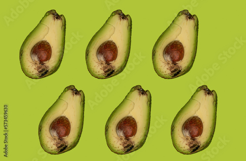 Collage with spoilt avocados in multiples, advertising not fresh produce