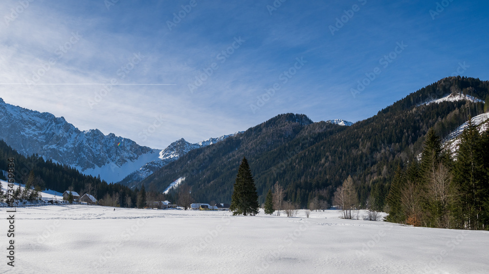 Snowy winter landscape with morning light and perfect untouched snow in Bodental, Carinthia