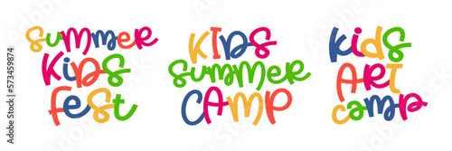 Kids summer, art camp. Summer kids fest, art camp template poster, flyer, banner design. Kids fun vector colorfull illustration. Hand drawn typography text. Summer camp logo for print design.