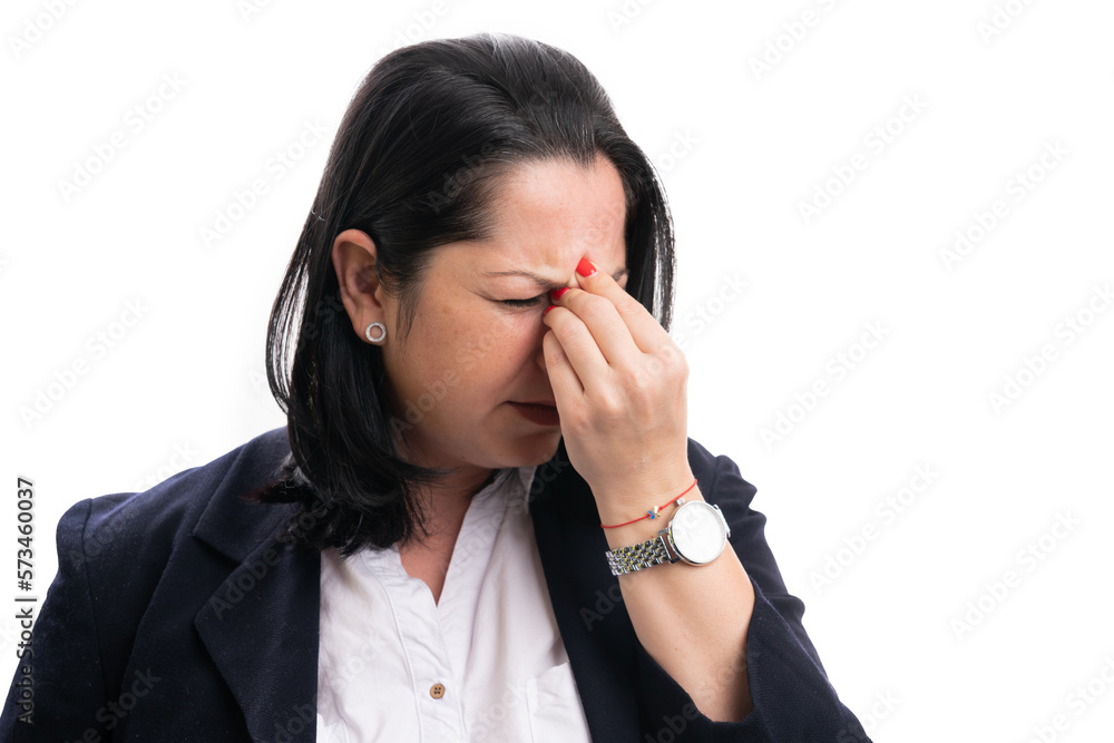 Sick female entrepreneur touching nose as sinusitis symptom Sick female entrepreneur touching nose as sinusitis symptom