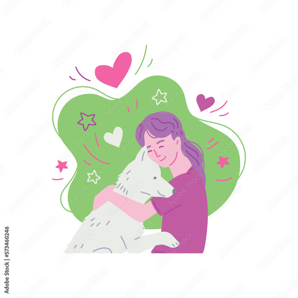 Obraz premium Woman petting and hugging her dog, flat cartoon vector illustration isolated.