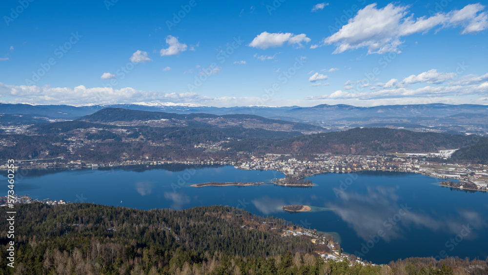 Areal view over Woerthersee in austria, carinthia in winter