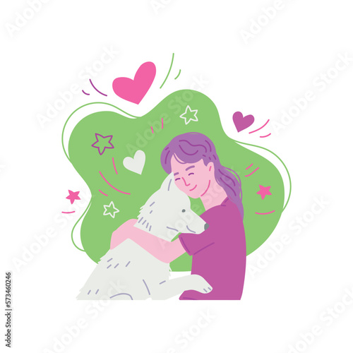 Woman petting and hugging her dog  flat cartoon vector illustration isolated.