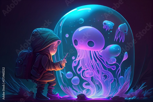 little girl and jellyfish. aquatic animation render. underwater wallpaper illustration