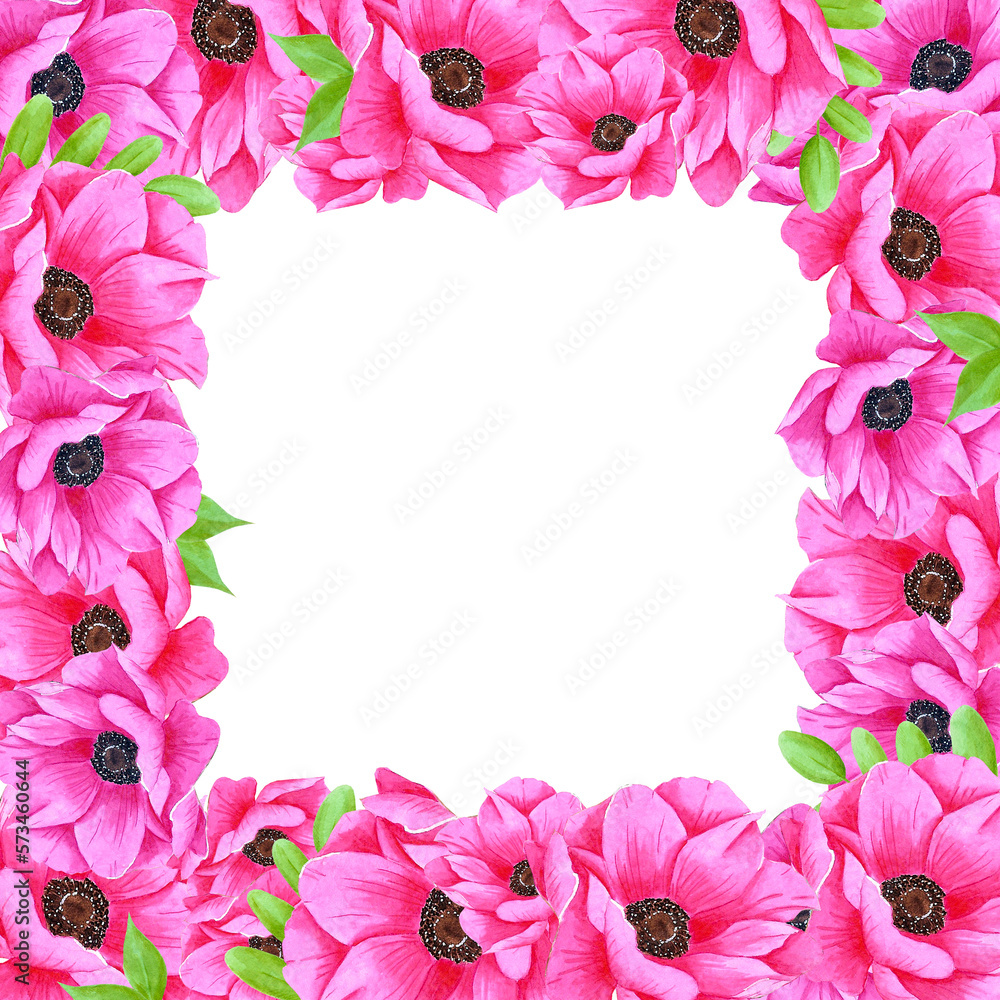 Hand drawn watercolor pink anemone flower frame with green leaves. Isolated on white background. Scrapbook, post card, banner, lable.