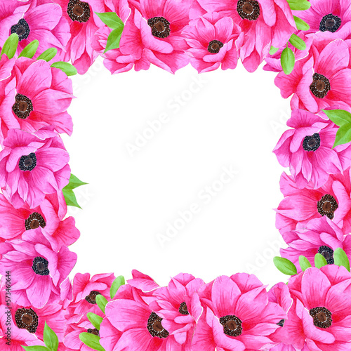 Hand drawn watercolor pink anemone flower frame with green leaves. Isolated on white background. Scrapbook, post card, banner, lable. © Aleksandra Shvetsova