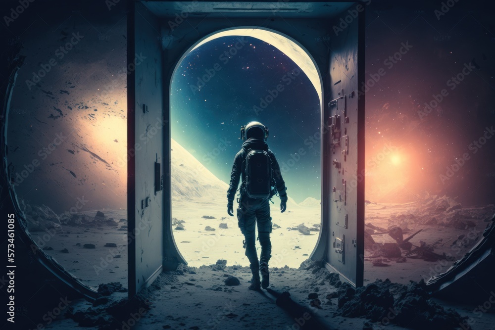 Astronaut exploring an abandoned space station in the middle of the galaxy. Futuristic scifi