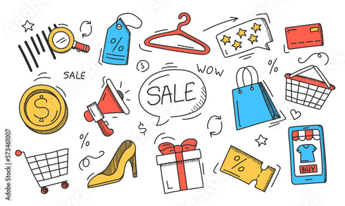 Shopping doodle icons vector isolated. Collection of cute hand drawn pictograms. Shopping basket, credit card and different accessories.