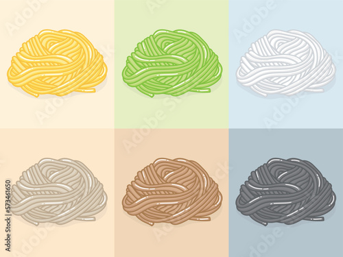 Variety of noodles, food hand drawn, isolated on white background, vector illustration.