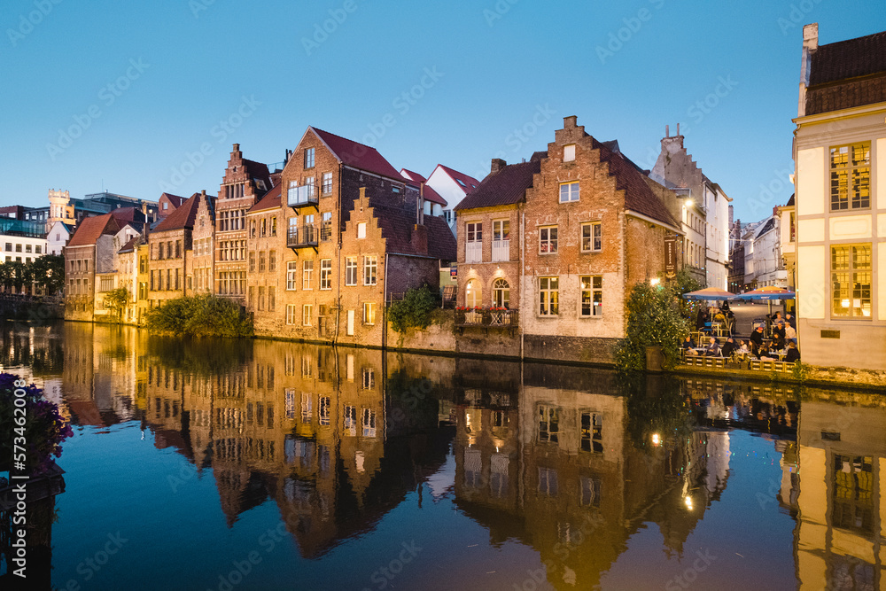 Townhouses along river, Ghent, Flemish Region, Belgium Townhouses along river, Ghent, Flemish Region, Belgium