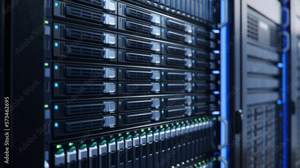 Close-up of Server Racks with HDD and SSD with Blinking Lights in Modern Datacenter. Advanced Cloud Computing and Machine Learning Concept.