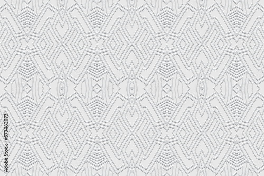 Embossed white background, cover design. Geometric art 3D pattern, press paper, leather. Ornaments of the East, Asia, India, Mexico, Aztecs, Peru. Ethnic boho motifs, doodling and zentangle. Embossed white background, cover design. Geometric art 3D pattern, press paper, leather. Ornaments of the East, Asia, India, Mexico, Aztecs, Peru. Ethnic boho motifs, doodling and zentangle.