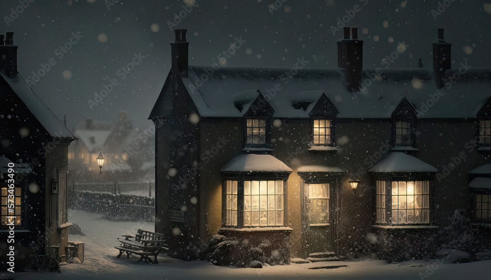 AI generated snowy village scene with twinkling lights in the windows and a warm glow emanating from the fireplace in each house AI generated snowy village scene with twinkling lights in the windows and a warm glow emanating from the fireplace in each house