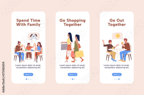 Family time onboarding mobile app screen flat template. Walkthrough website 3 steps with characters. Editable teens and parents UX, UI, GUI smartphone cartoon interfaces. Albert Sans font used
