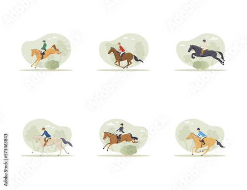 Set of riders and horses on a walk in the forest, vector illustration