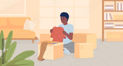 Decluttering before moving flat color vector illustration. Young man packing unwanted clothes into boxes. Hero image. Fully editable 2D simple cartoon character with house interior on background